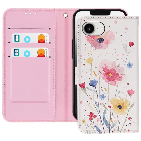 Etui för iPhone 16e Blommönster med Handrem och Kortfack Vit