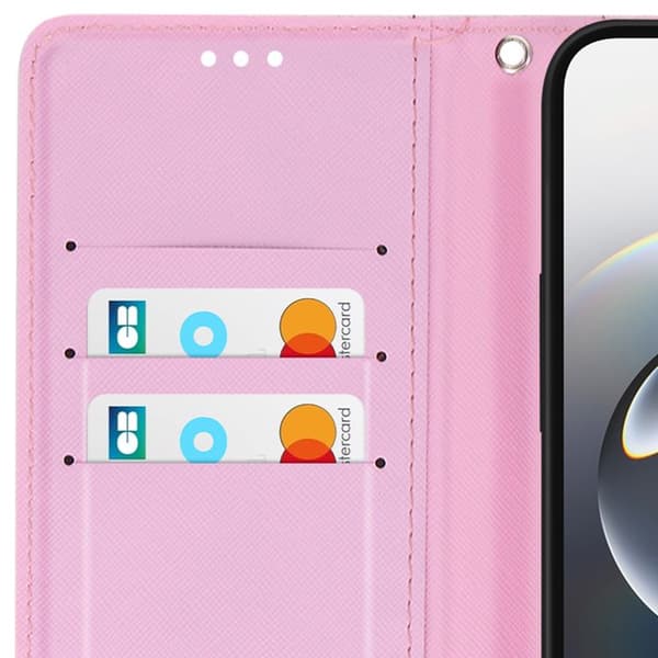 Mobilfodral för iPhone 16e Kawaii Kattmotiv med Rem och Rosa Kortfack