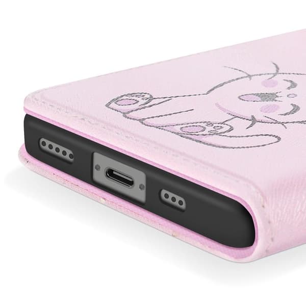 Mobilfodral för iPhone 16e Kawaii Kattmotiv med Rem och Rosa Kortfack