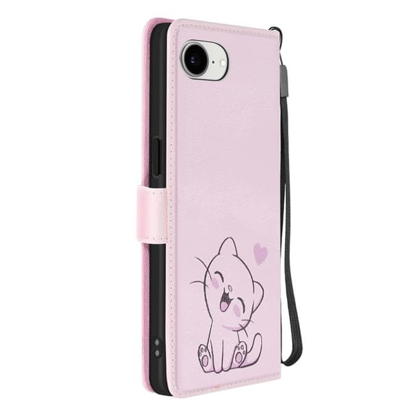 Mobilfodral för iPhone 16e Kawaii Kattmotiv med Rem och Rosa Kortfack