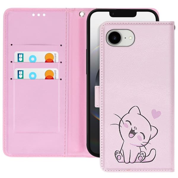 Mobilfodral för iPhone 16e Kawaii Kattmotiv med Rem och Rosa Kortfack