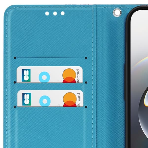 iPhone 16e-fodral Daisy-mönster med handledsrem och kortfack Blå