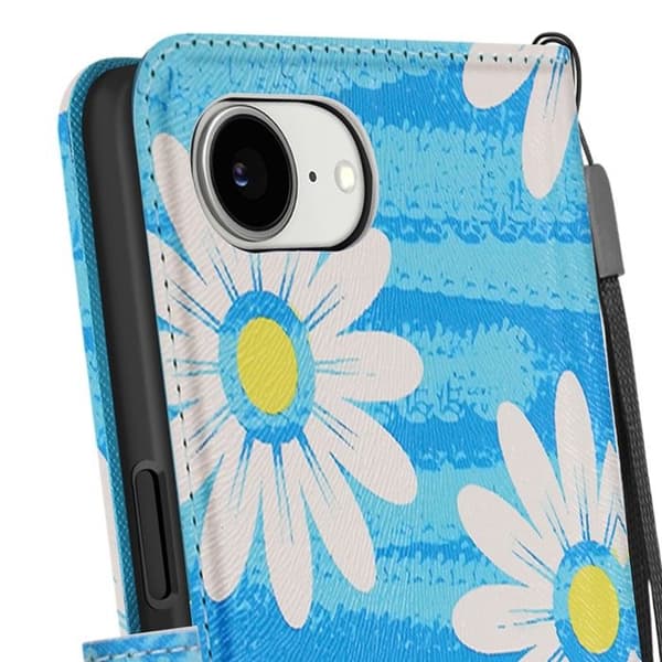 iPhone 16e-fodral Daisy-mönster med handledsrem och kortfack Blå