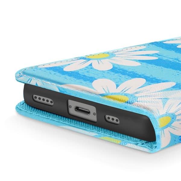 iPhone 16e-fodral Daisy-mönster med handledsrem och kortfack Blå