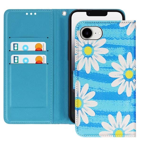iPhone 16e-fodral Daisy-mönster med handledsrem och kortfack Blå