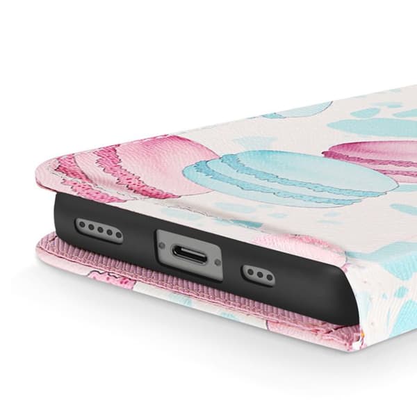 Fodral för iPhone 16e Macaronmönster med Rem och Korthållare Vit