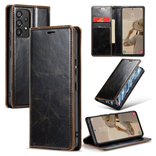 För A53 5G Telefonfodral Svart Brunt Läder Flip Telefonfodral Plånboksmönster Telefonfodral Stöttålig telefon Skyddsfodral Kortplatser Telefonställ