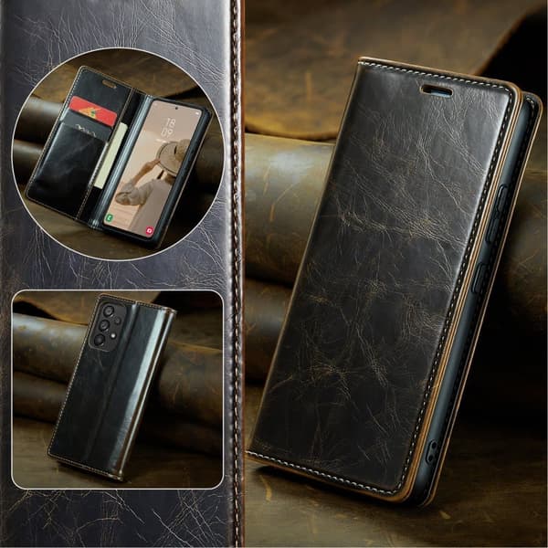 För A53 5G Telefonfodral Svart Brunt Läder Flip Telefonfodral Plånboksmönster Telefonfodral Stöttålig telefon Skyddsfodral Kortplatser Telefonställ
