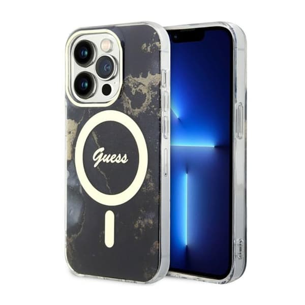 Guess Golden Marble MagSafe - kotelo iPhone 14 Pro Maxille (musta)