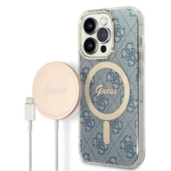 GuessBundlePackMagSafe4G-SætmedetuitiliPhone14Pro+MagSafeoplader(blå/guld)