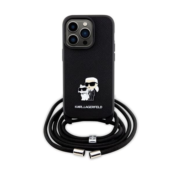 KarlLagerfeldCrossbodySaffianoMetalPinKarl&Choupette-iPhone14Pro-kotelo(musta)
