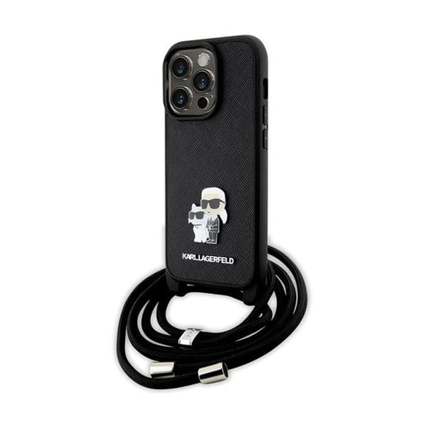 KarlLagerfeldCrossbodySaffianoMetalPinKarl&Choupette-iPhone14Pro-kotelo(musta)
