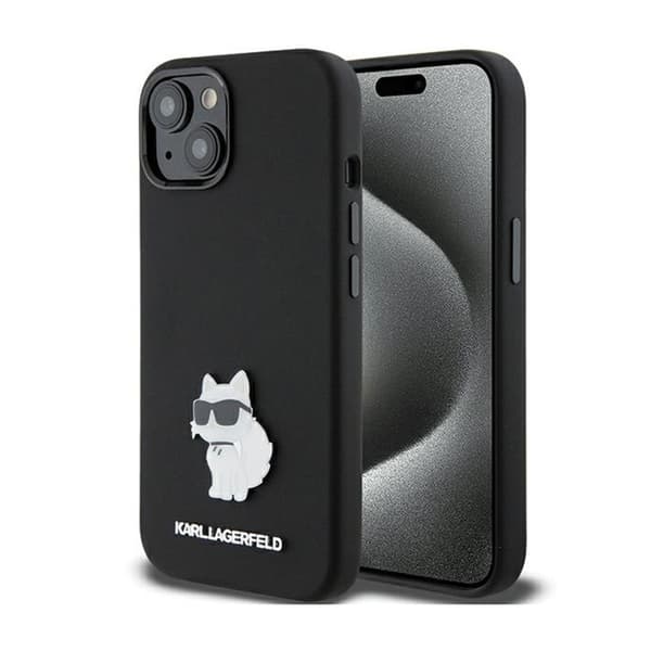 KarlLagerfeldSiliconeChoupetteMetalPin-iPhone15Plus-kotelo(musta)