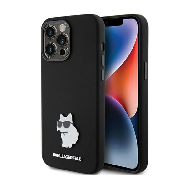 KarlLagerfeldSiliconeChoupetteMetalPin-iPhone15Pro-kotelo(musta)