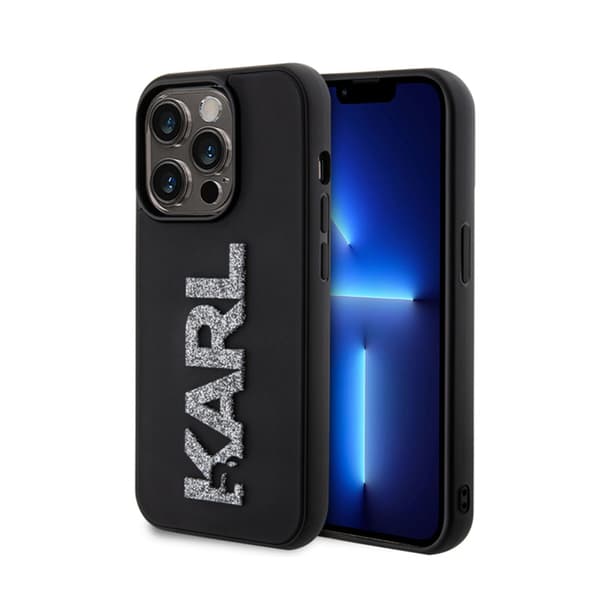 KarlLagerfeld3DRubberGlitter-logo-koteloiPhone15Prolle(musta)