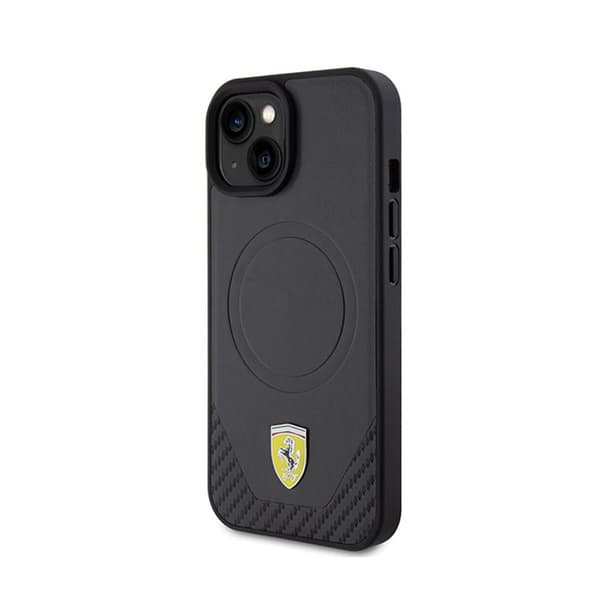 FerrariCarbonMetalLogoMagSafe-koteloiPhone15:lle(musta)