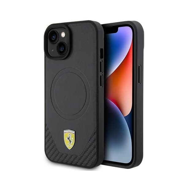FerrariCarbonMetalLogoMagSafe-koteloiPhone15:lle(musta)