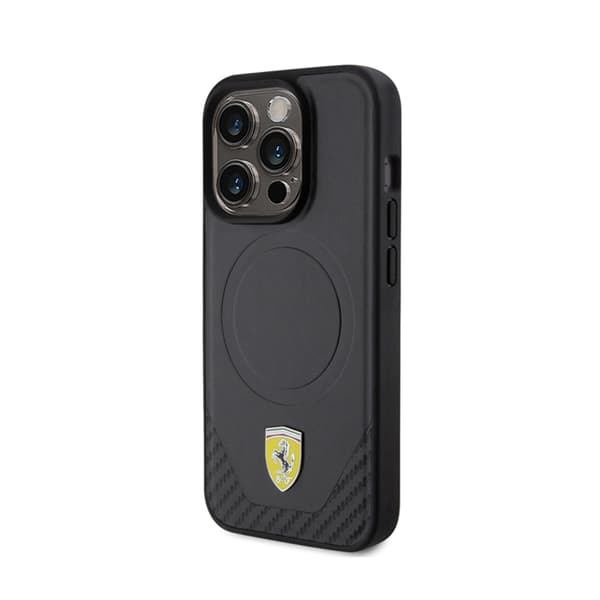 FerrariCarbonMetalLogoMagSafe-koteloiPhone15Prolle(musta)