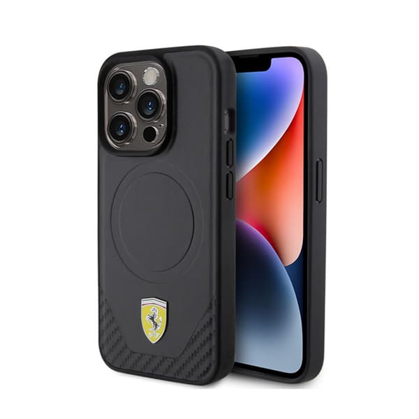 FerrariCarbonMetalLogoMagSafe-koteloiPhone15Prolle(musta)