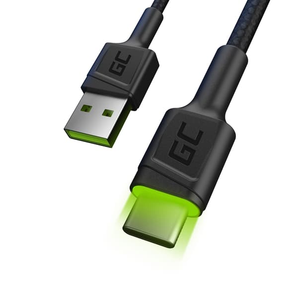 KabelGrönCellRayUSB-A-USB-CGrönLED200cmmedstödförUltraChargeQC3.0snabbladdning