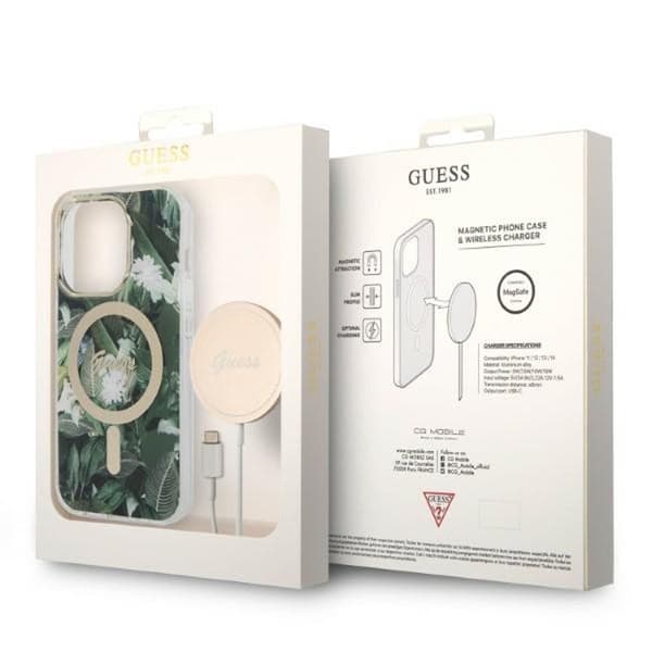 GuessBundlePackMagSafeIMLJungle-SuojakoteloiPhone14ProMaxille+MagSafe-laturi(khaki/kulta)