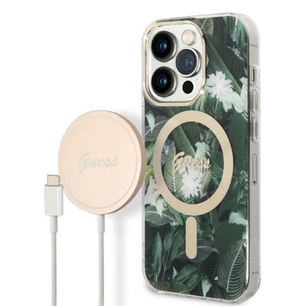 GuessBundlePackMagSafeIMLJungle-SuojakoteloiPhone14ProMaxille+MagSafe-laturi(khaki/kulta)