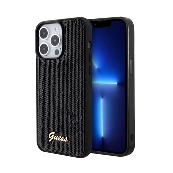 Guess Sequin Script Metal - kotelo iPhone 15 Prolle (musta)