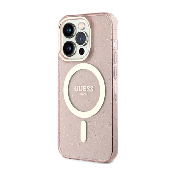 GuessGlitterGoldMagSafe-koteloiPhone14Prolle(vaaleanpunainen)