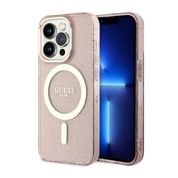 GuessGlitterGoldMagSafe-koteloiPhone14Prolle(vaaleanpunainen)