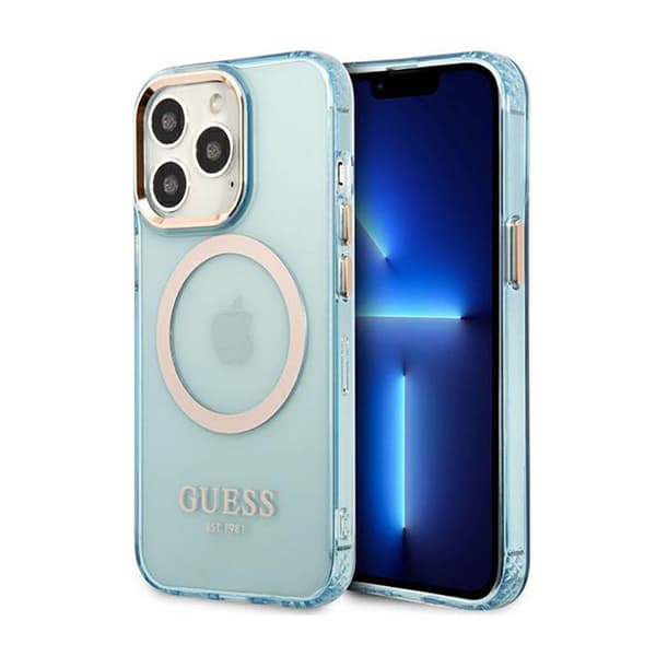 GuessGoldOutlineläpikuultavaMagSafe-koteloiPhone13Prolle(sininen)