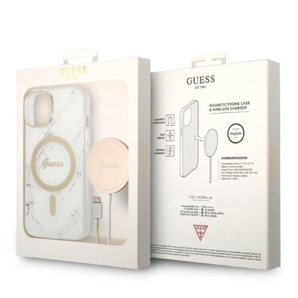 GuessBundlePackMagSafeIMLMarble-SætmedetuitiliPhone14Plus+MagSafeoplader(hvid/guld)