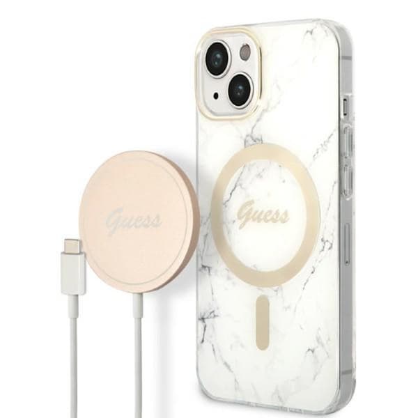GuessBundlePackMagSafeIMLMarble-SætmedetuitiliPhone14Plus+MagSafeoplader(hvid/guld)