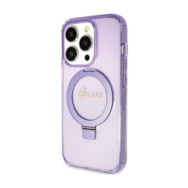 Guess Ring Stand Script Glitter MagSafe - iPhone 15 Pro Case (Purple)