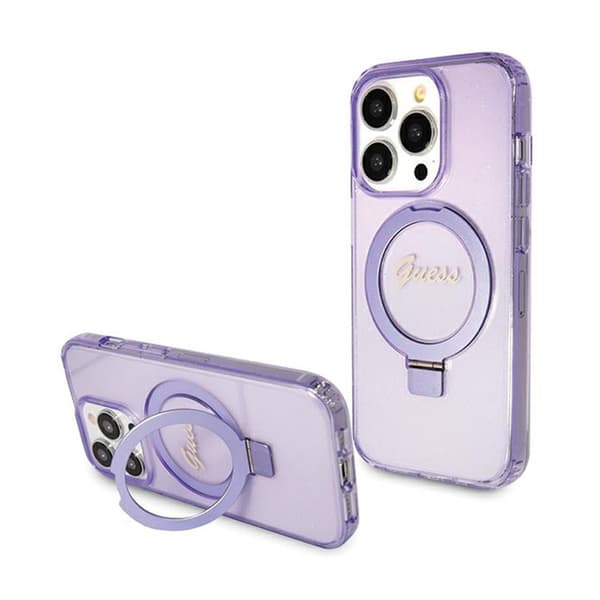 Guess Ring Stand Script Glitter MagSafe - iPhone 15 Pro Case (Purple)