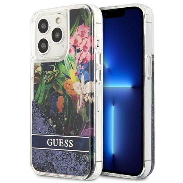 Guess Liquid Glitter Flower – Cover til iPhone 13 Pro (blå)