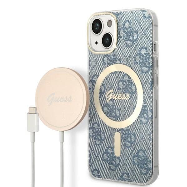 GuessBundlePackMagSafe4G-SetmedfodralföriPhone14Plus+MagSafeladdare(blå/guld)