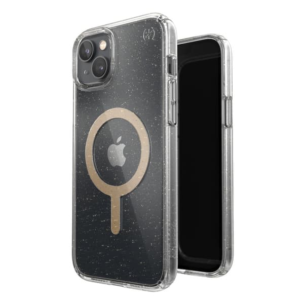 Speck Presidio Perfect-Clear med Glitter + MagSafe - Etui til iPhone 15 Plus / 14 Plus med MICROBAN-coating (Clear / Gold Glitter)