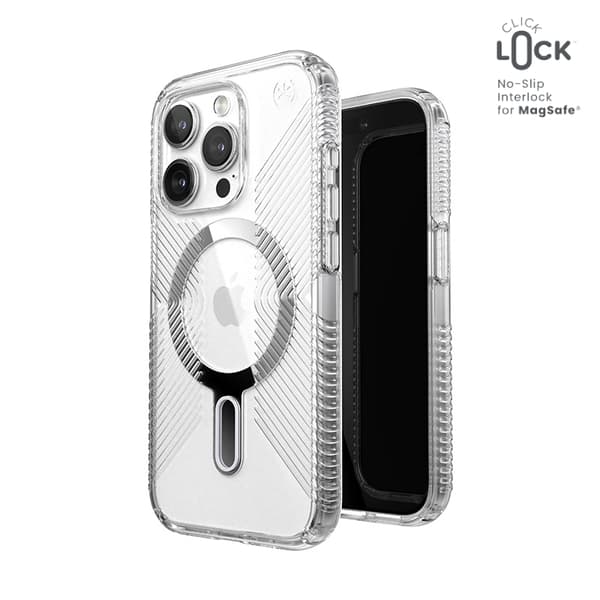 SpeckPresidioPerfect-ClearGripClickLock&Magsafe-EtuitiliPhone15Pro(Klar/ChromeFinish/SereneSilver)