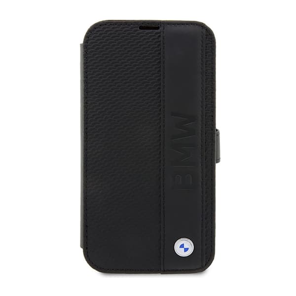 BMW Booktype Leather Textured & Stripe - Kotelo iPhone 14 Prolle (musta)