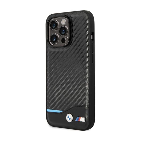 BMWLeatherCarbonBlueLine-koteloiPhone13Prolle(musta)