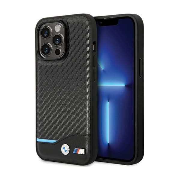 BMWLeatherCarbonBlueLine-koteloiPhone13Prolle(musta)