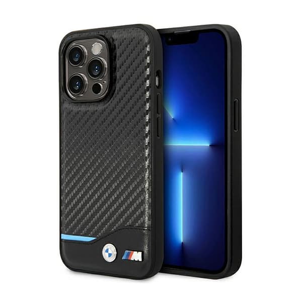 BMWLeatherCarbonBlueLine-koteloiPhone14Prolle(musta)