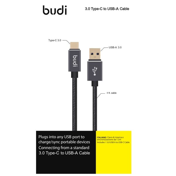Budi - 3.0 USB-A til USB C-kabel. kan passere 3,0A strøm. Forgyldt stik.