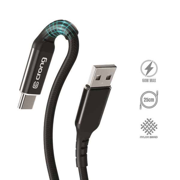 Crong Armor Link - USB-A–USB-C 60 W 3A punottu kaapeli Pikalataus 25 cm (musta)
