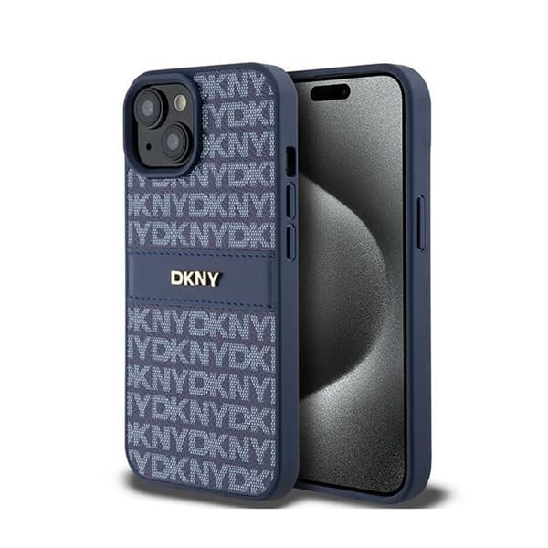 DKNY Leather Mono Stripe & Metal Logo - Case for iPhone 15 / 14 / 13 (blue)