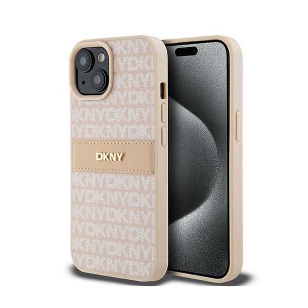 DKNYLeatherMonoStripe&MetalLogo-CaseforiPhone15Plus/14Plus(pink)