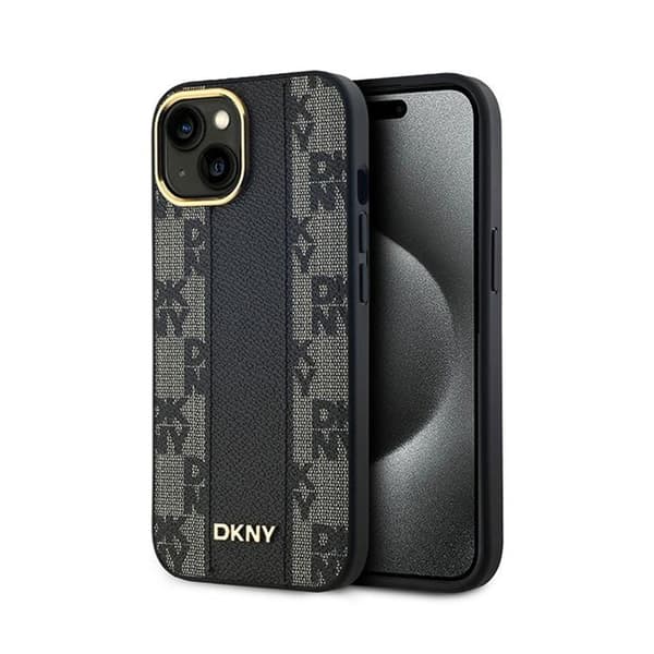 DKNY Leather Checkered Mono Pattern MagSafe - Case for iPhone 14 / 15 / 13 (Black)