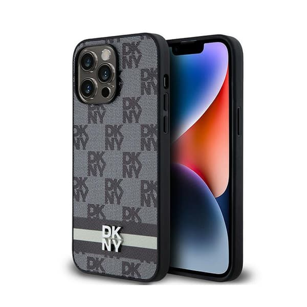 DKNY Leather Checkered Mono Pattern & Printed Stripes - iPhone 14 Pro Max Case (black)