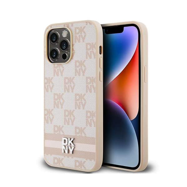 DKNY Leather Checkered Mono Pattern & Printed Stripes - Case for iPhone 14 Pro Max (pink)