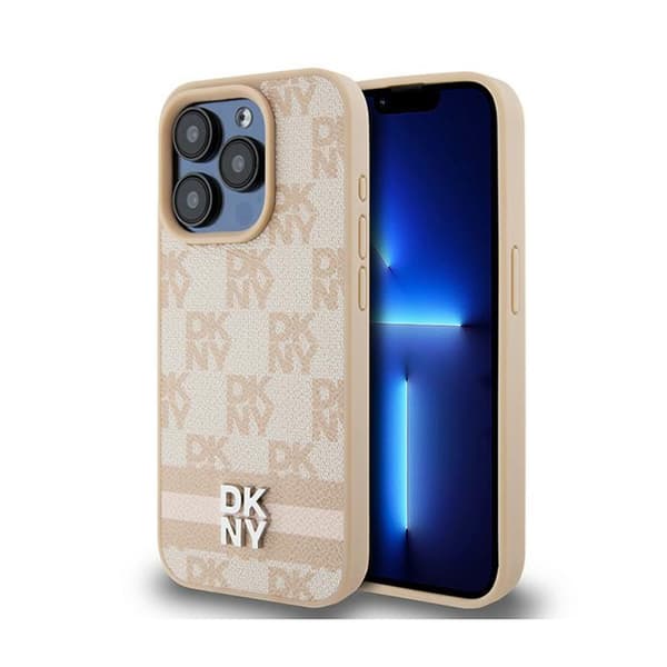 DKNY Leather Checkered Mono Pattern & Printed Stripes - Case for iPhone 15 Pro Max (pink)